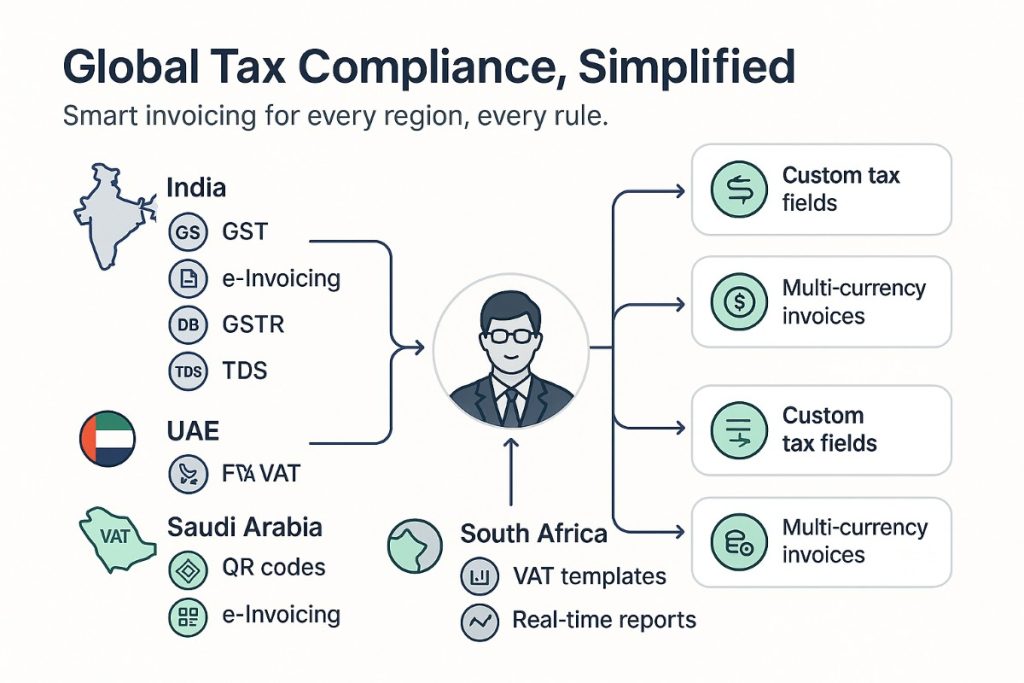 Refrens infographic showing global tax compliance features for India, UAE, Saudi Arabia, South Africa, and worldwide invoicing.