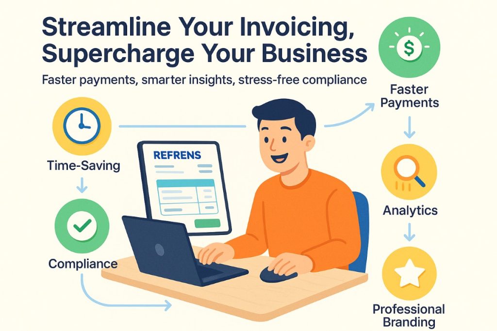 Infographic showing the benefits of using Refrens for faster payments, compliance, scalability, analytics, and professional branding.