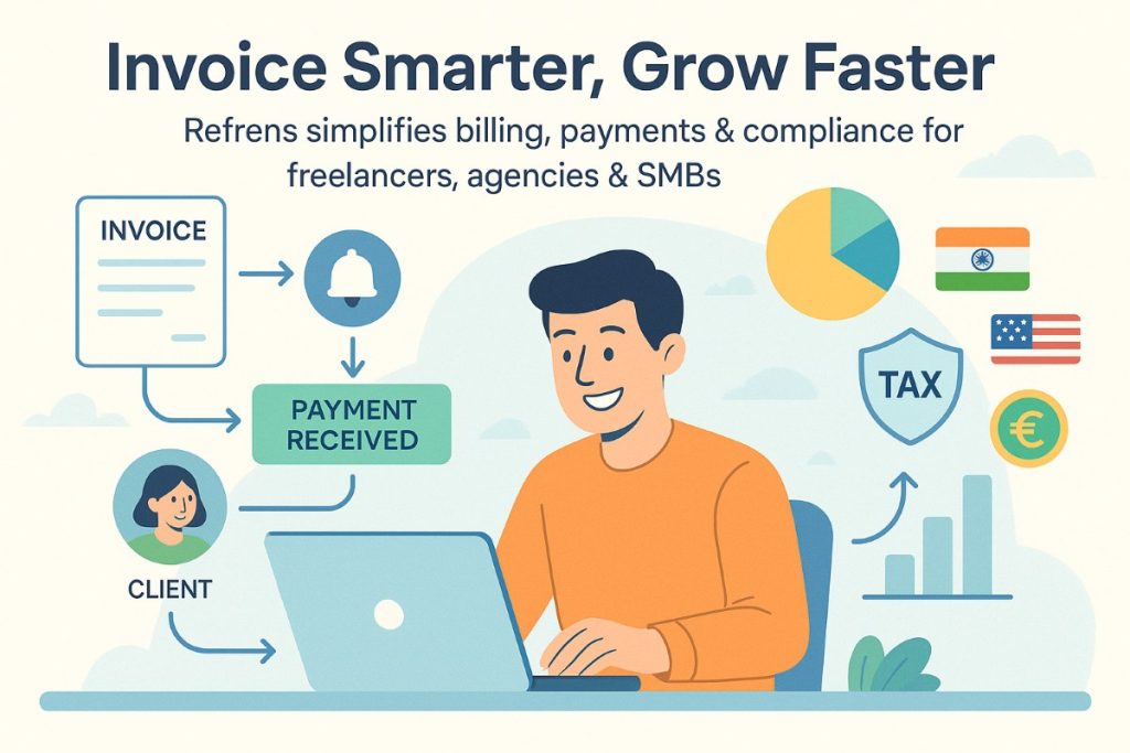 Infographic showing Refrens workflow for invoices, payments, and tax compliance for freelancers and small businesses