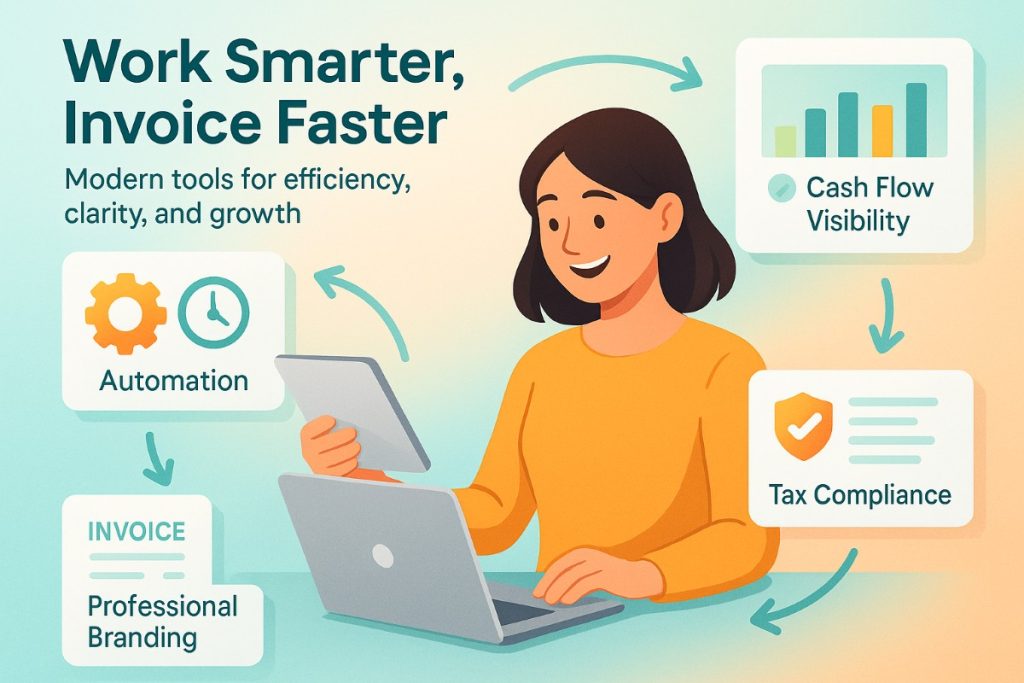 Infographic showing Refrens modern invoicing platform features like automation, cash flow tracking, tax compliance, scalability, and professional branding.