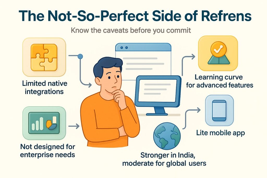 Infographic highlighting the not-so-perfect side of Refrens with workflow icons showing limited integrations, learning curve, lite mobile app, and moderate global support.