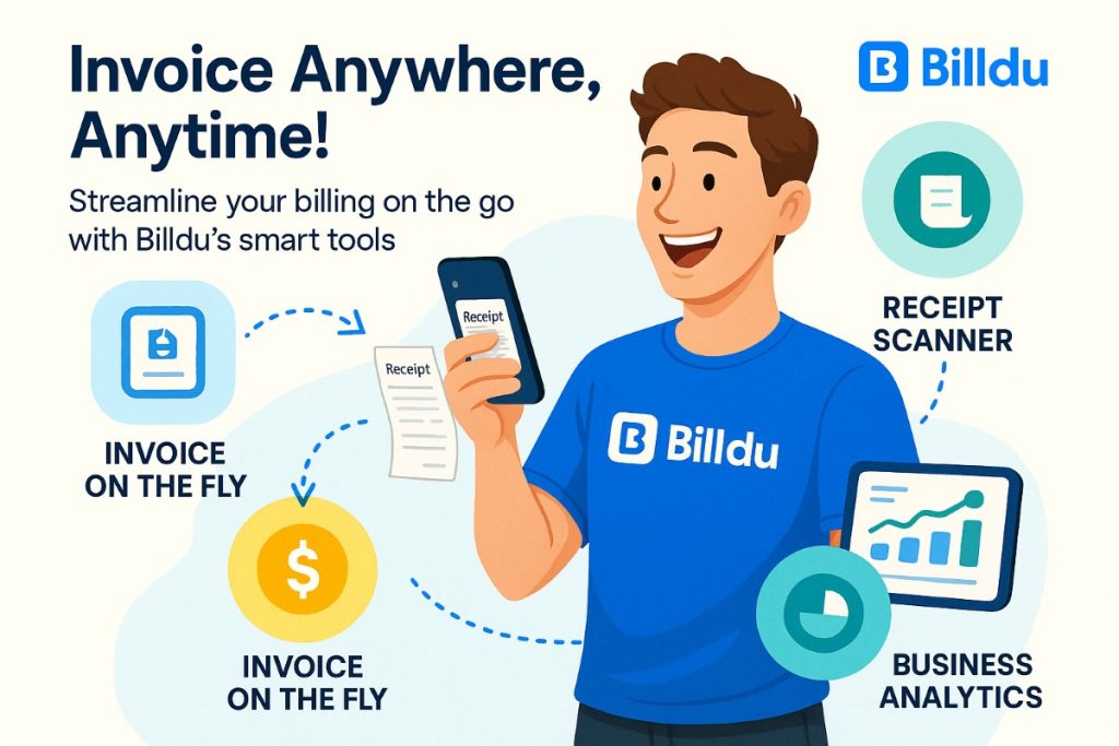 Infographic showing Billdu invoicing app features with a happy user managing expenses on smartphone, highlighting on-the-fly invoicing, receipt scanning, and business analytics dashboard.