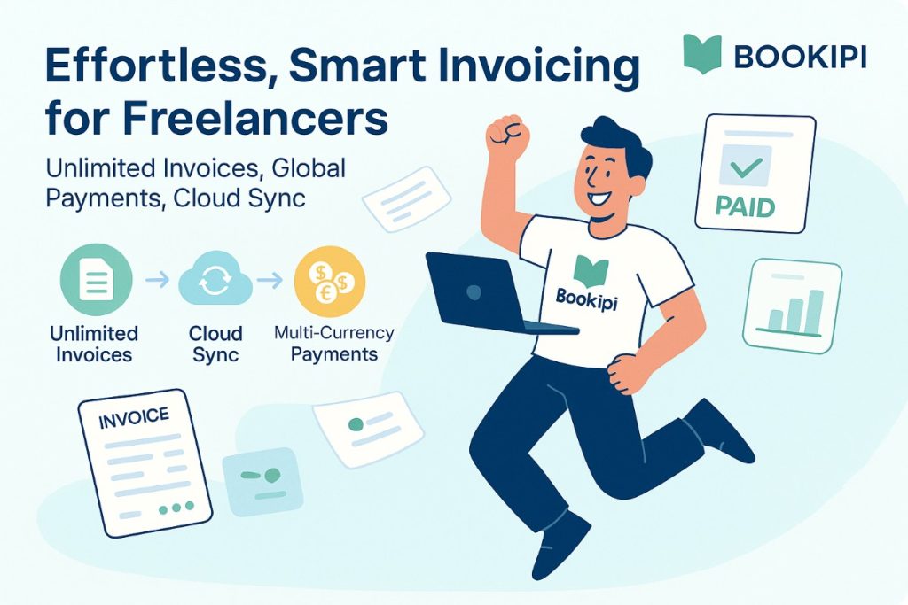 Bookipi infographic showing a happy freelancer actively celebrating while using Bookipi, featuring unlimited invoices, cloud sync, multi-currency payments, and recurring billing – best invoicing software for freelancers in 2025