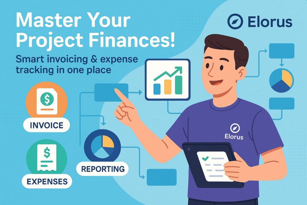 Elorus infographic showing smart invoicing, expense tracking, and project finance management with a young businessman actively using the software.