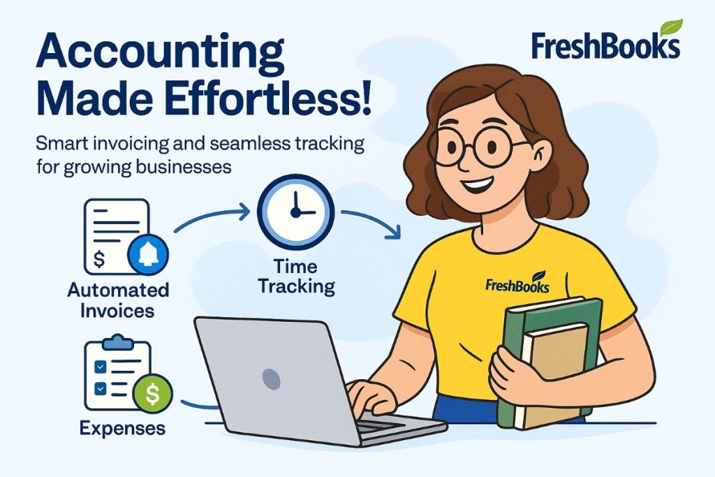 FreshBooks Lite infographic showing smart lady using accounting software with books and invoices, highlighting best invoicing software features like automated reminders, time tracking, and expense management.