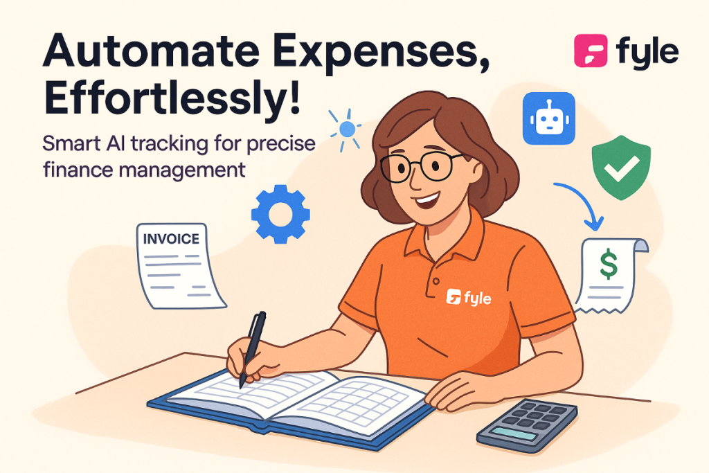 Infographic of Fyle AI-powered expense and invoice platform showing a 35-year-old female accountant actively managing books and invoices, highlighting automation and smart tracking.