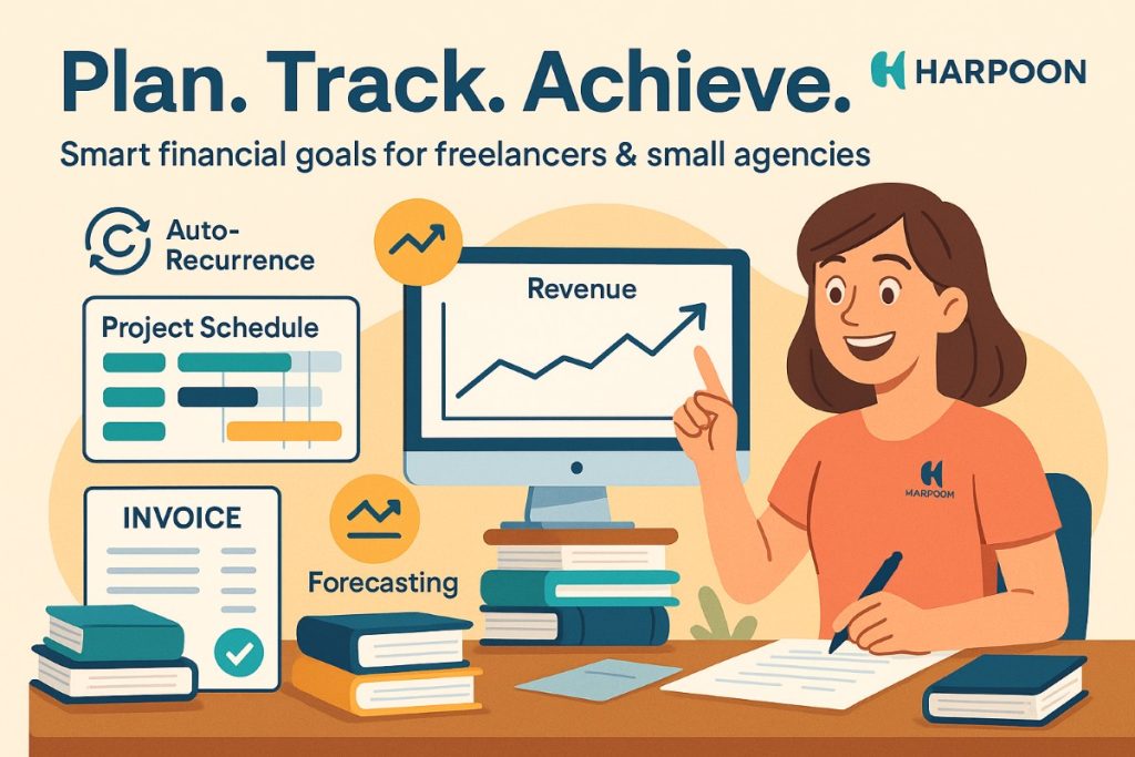 Harpoon accounting software infographic showing a smart female accountant managing invoices, revenue tracking, and financial goals for freelancers and small agencies.