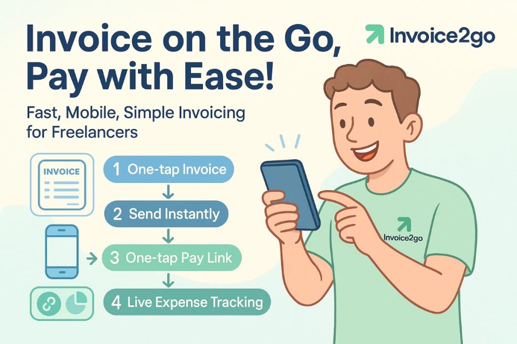 Invoice2Go infographic showing mobile invoicing workflow for freelancers with one-tap invoice creation, payment links, and live expense tracking