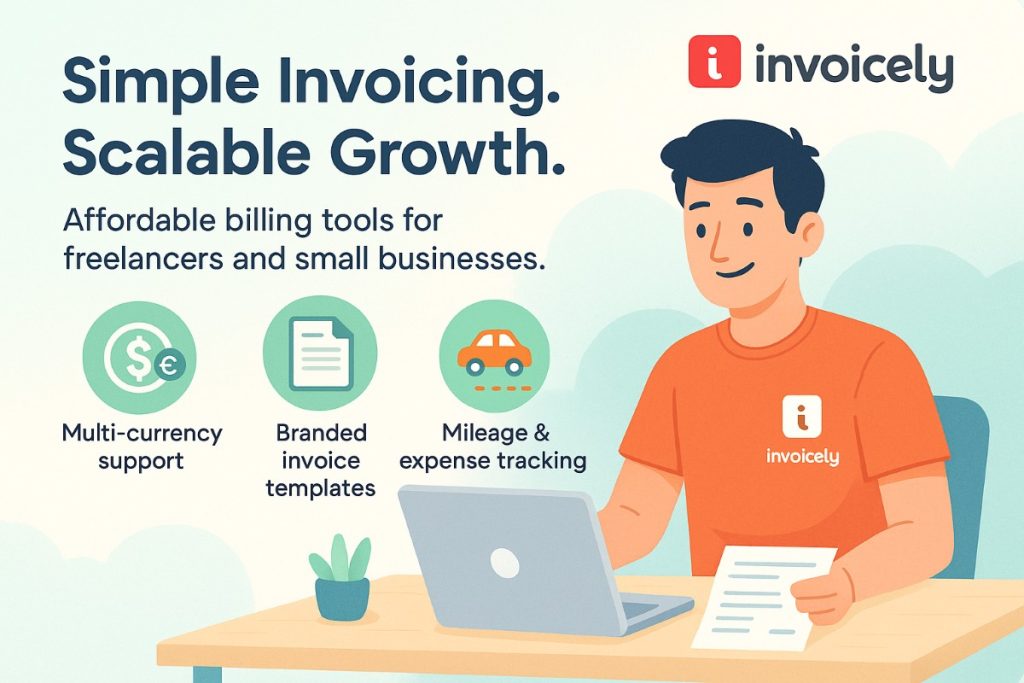 Infographic showing Invoicely as the best invoicing software for freelancers and small businesses with features like multi-currency support, branded invoice templates, and expense tracking.