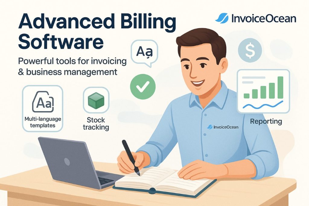 Infographic showing InvoiceOcean features with a young accountant using account books, workflow icons, and financial dashboard, representing the best invoicing software.
