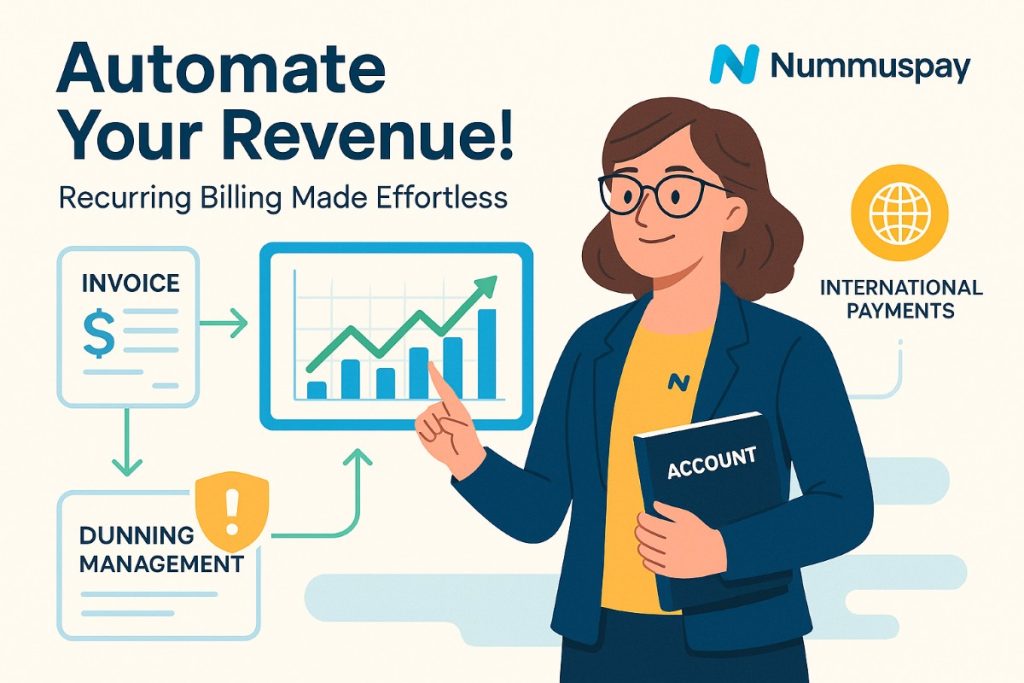 Infographic showing Nummuspay automated recurring billing and international payments for businesses, highlighting efficiency and ease of use.