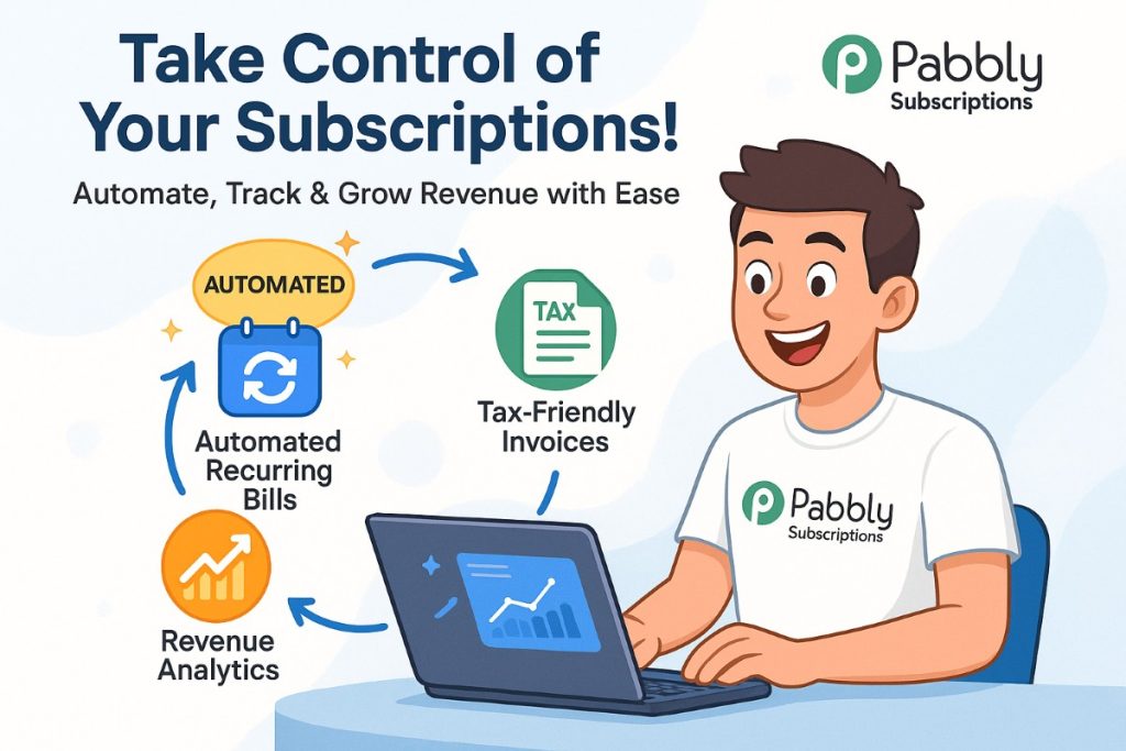 Infographic showing Pabbly Subscriptions workflow with automated billing, tax-friendly invoices, and revenue analytics for the best invoicing software