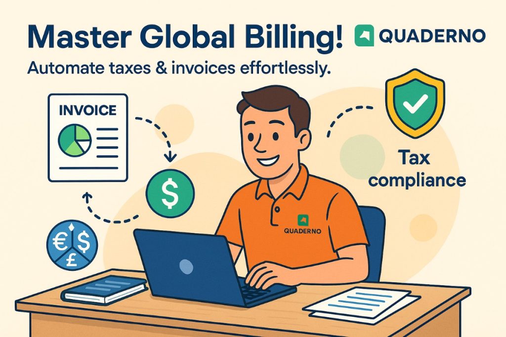 Quaderno infographic showing a young accountant managing automated global invoices and tax compliance, highlighting features of the best invoicing software.
