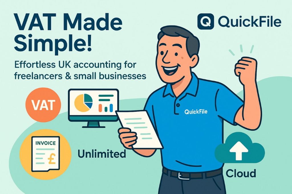 QuickFile infographic showing VAT-enabled cloud accounting and billing features for UK freelancers and small businesses