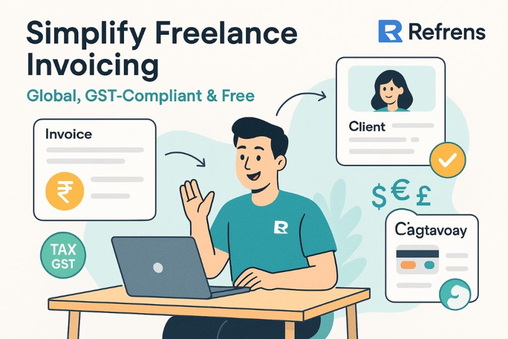 Refrens invoicing software infographic showing freelancer using GST-compliant, multi-currency invoicing with payment gateway and client management tools.