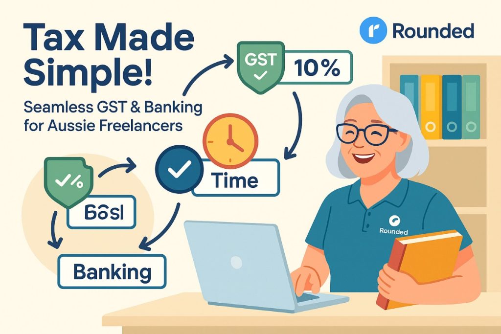 Infographic showing Rounded invoicing software with automated GST calculation, time tracking, and banking reconciliation, featuring a happy female accountant and workflow icons