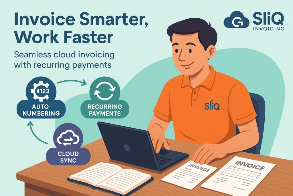 SliQ Invoicing software infographic showing cloud invoicing, recurring payments, and workflow for small businesses