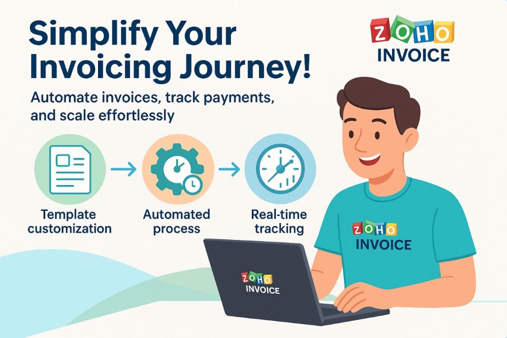 Infographic showing Zoho Invoice features as the best invoicing software with automated invoicing, real-time payment tracking, and template customization