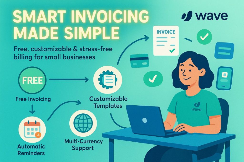 Infographic showing key features of Wave Invoicing including free invoicing, customizable templates, automatic reminders, multi-currency support, and mobile access.