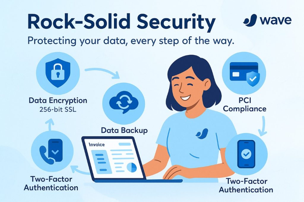 Wave Invoicing infographic showing security features like data encryption, PCI compliance, two-factor authentication, and data backup with a happy professional using the platform.