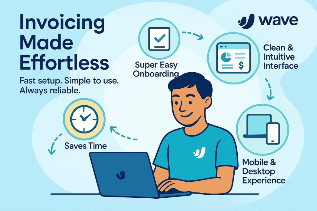 Infographic showing Wave Invoicing ease of use with happy user, clean interface, mobile and desktop access, and time-saving automation.