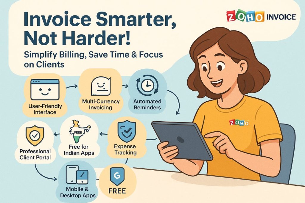 Infographic showing Zoho Invoice benefits with a freelancer using the app, highlighting user-friendly interface, GST compliance, automated reminders, mobile apps, and client portal.
