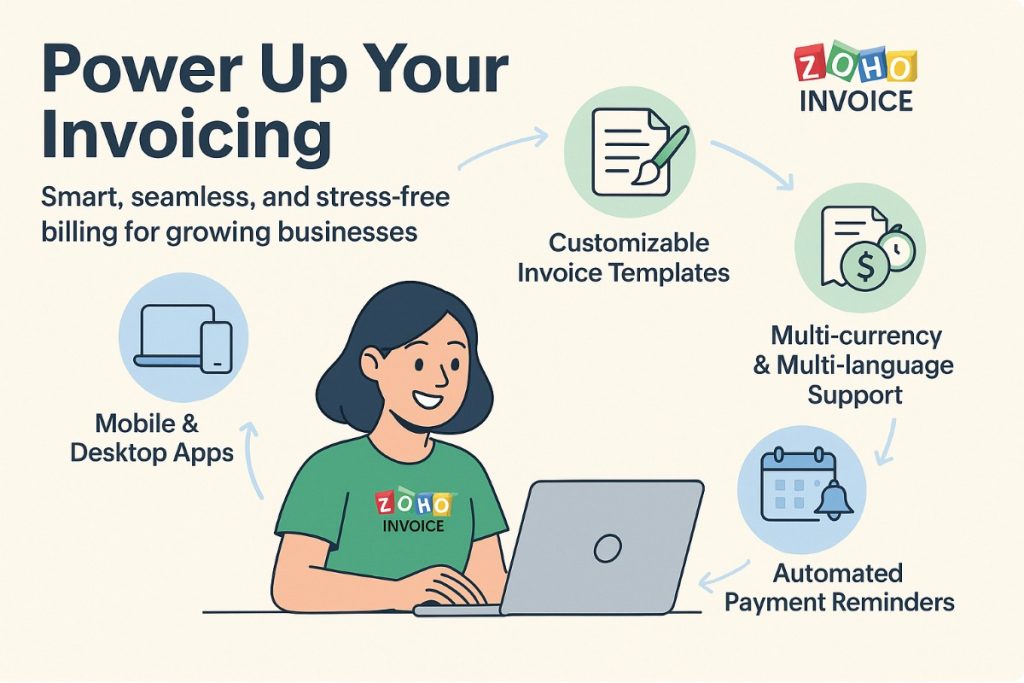 Infographic showing Zoho Invoice key features with a freelancer girl working on a laptop, invoicing icons, payment options, and Zoho Invoice logo.
