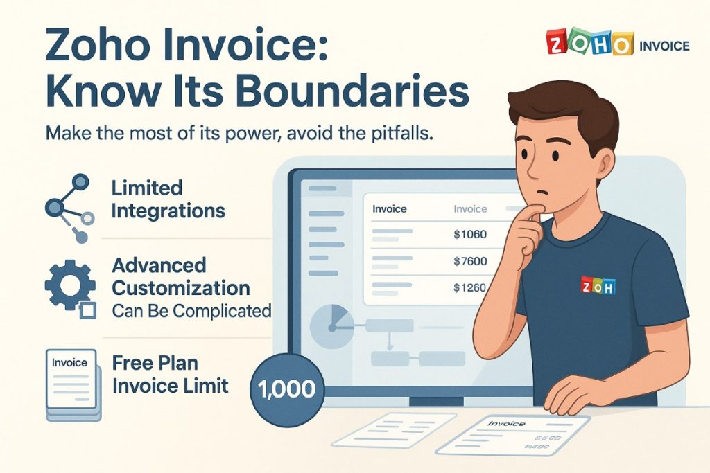 Infographic showing Zoho Invoice limitations including limited integrations, complex customization, and free plan invoice cap, with a professional freelancer actively managing workflows.