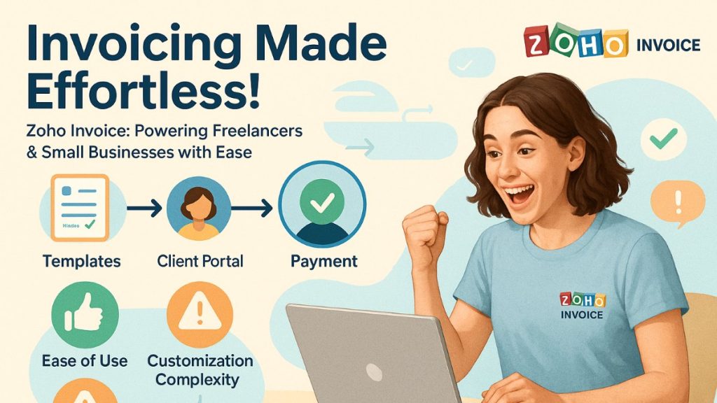 Infographic showing Zoho Invoice workflow, user feedback, pros and cons, with an active freelancer using the tool