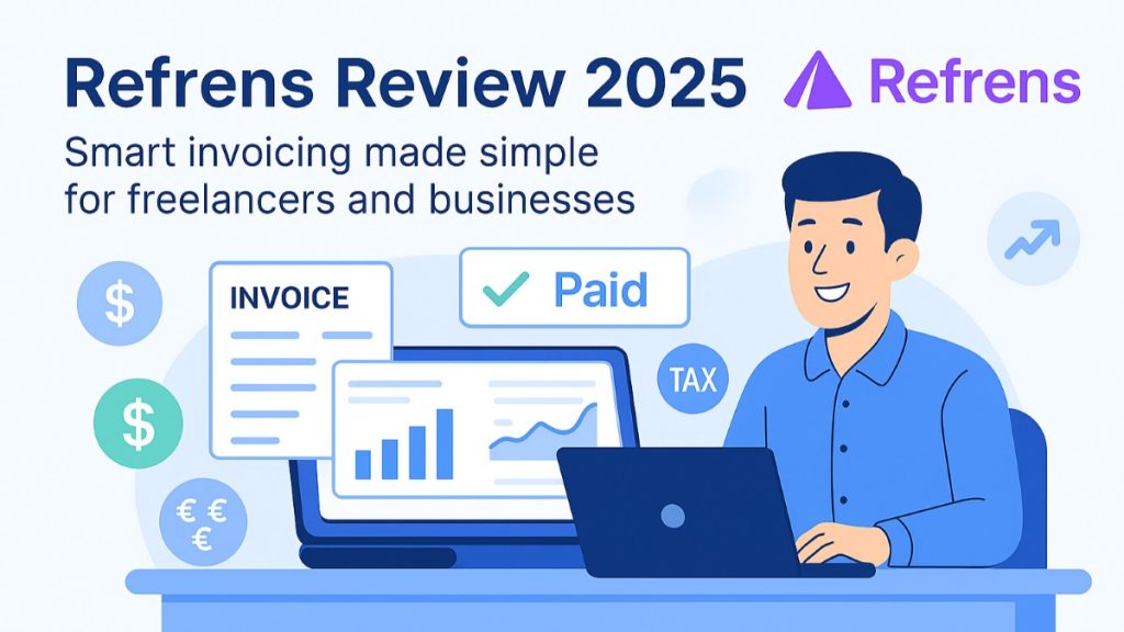Freelancer using Refrens invoicing platform with dashboard, payment icons, and tax compliance tools.