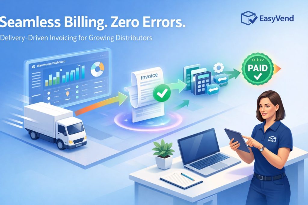 Isometric infographic showing best invoicing software with automated delivery-based billing, real-time invoice generation, accounting sync, and payment tracking dashboard