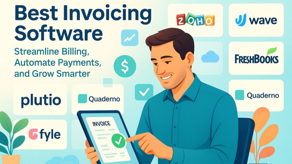 Professional small business owner actively managing invoices and payments on a tablet, with a wall of top invoicing software logos (Zoho Invoice, Wave, FreshBooks, Plutio, Quaderno, Fyle) in a chessboard pattern behind.