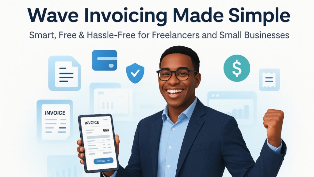 Wave Invoicing featured image showing freelancer using invoicing software with icons for free invoicing, payment reminders, multi-currency support, and security.
