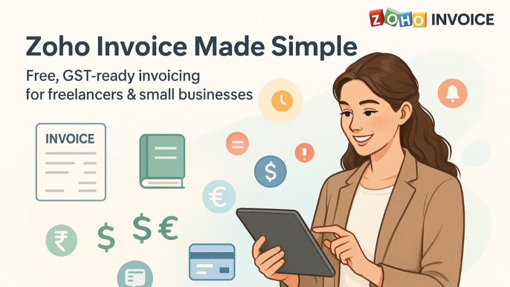 Young freelancer using Zoho Invoice on tablet with invoicing, accounting, GST, and payment icons.
