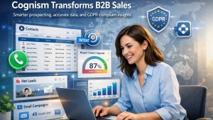 Cognism B2B sales intelligence platform dashboard showing accurate data, GDPR compliance, and CRM integration for smart prospecting.
