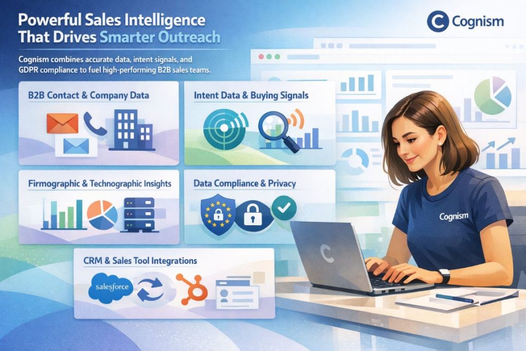 Cognism core capabilities infographic showing B2B contact data, intent signals, firmographic insights, GDPR compliance, and CRM integrations.
