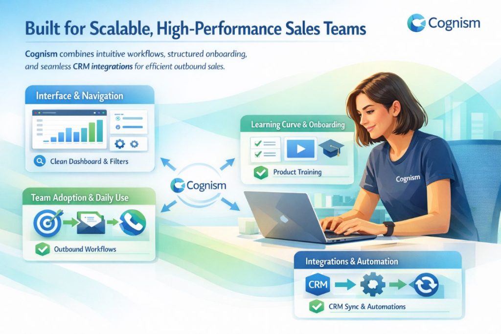 Cognism user experience infographic showing intuitive interface, structured workflows, onboarding process, and CRM integrations.
