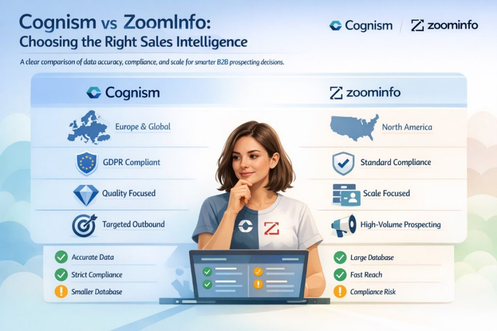 Cognism vs ZoomInfo infographic comparing B2B sales intelligence tools based on data accuracy, compliance, market focus, and prospecting use cases.
