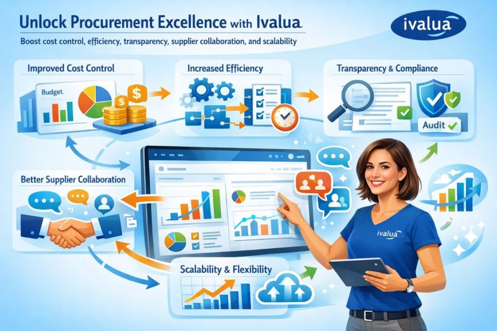 Infographic showing the benefits of using Ivalua including cost control, increased efficiency, transparency, supplier collaboration, and scalability
