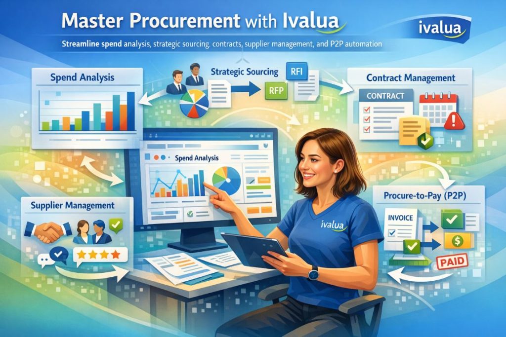 Infographic showing Ivalua key features including spend analysis, strategic sourcing, contract lifecycle management, supplier relationship management, and procure-to-pay automation
