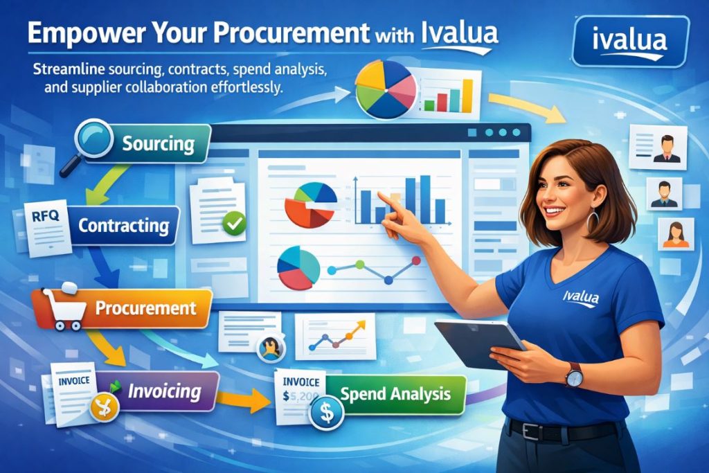 Infographic of Ivalua Source-to-Pay platform showing procurement workflow, spend analysis, sourcing, contracts, invoicing, and supplier management
