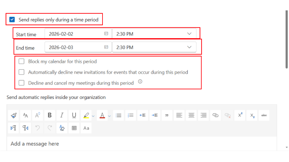 Toggle the button “Turn on Automatic Replies