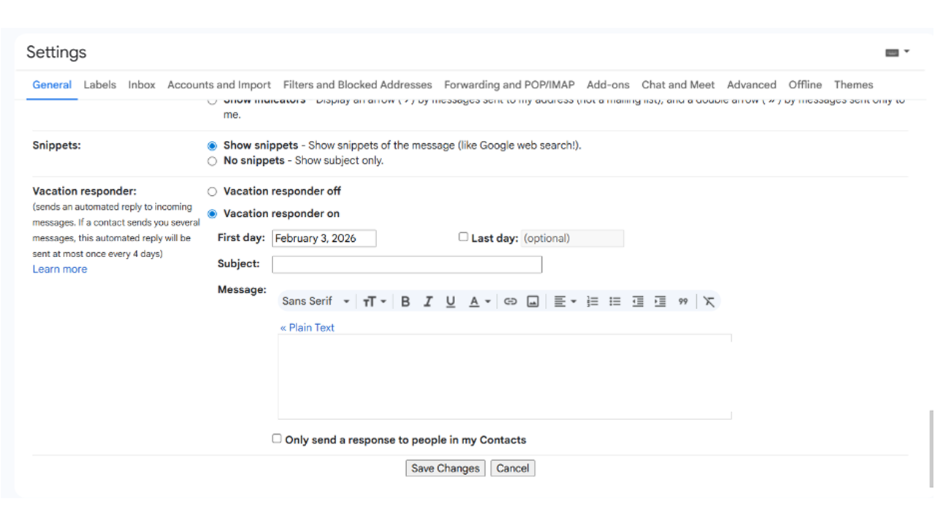 Enables Vacation Responder