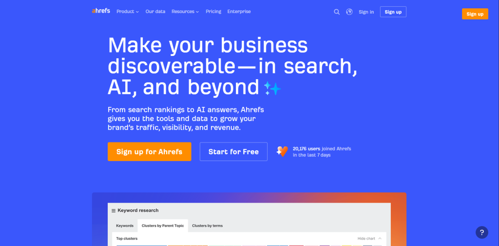Ahrefs dashboard showcasing backlink analysis, keyword research, and competitor analysis as a leading Similarweb competitor.