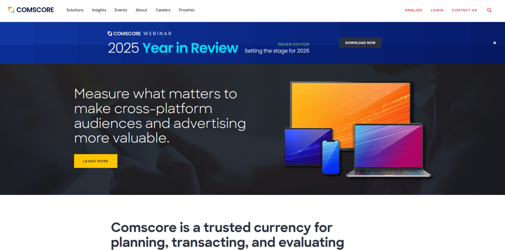 Comscore dashboard showing audience analytics and cross-platform measurement as a Similarweb competitor for competitor analysis.
