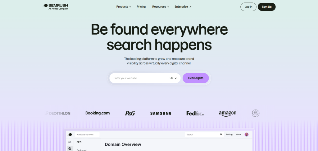Semrush dashboard showcasing SEO, keyword research, traffic analysis, and competitor analysis features as a Similarweb competitor.
