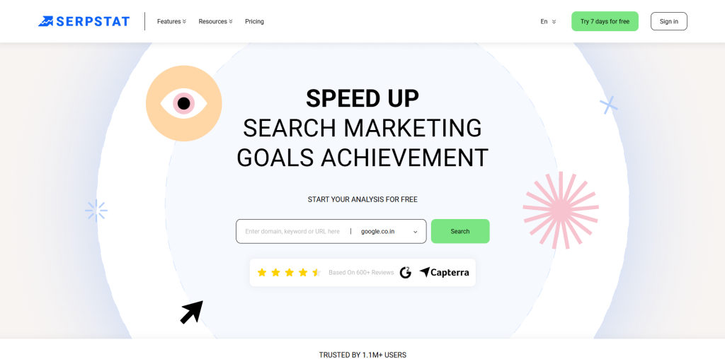 Serpstat dashboard showing SEO tools for keyword research, competitor analysis, backlink tracking, and website audits as a Similarweb competitor.