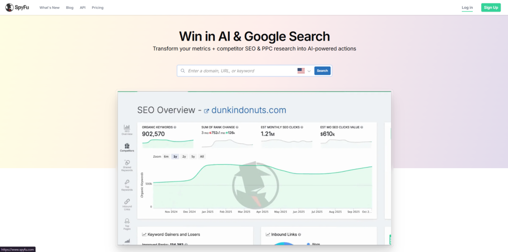 SpyFu dashboard showing PPC competitor research, keyword tracking, and competitor analysis as a Similarweb competitor.