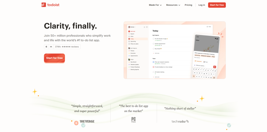 Todoist task management software dashboard for organizing projects and daily tasks
