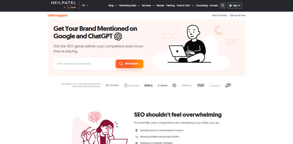 Ubersuggest dashboard showing keyword research, traffic analysis, and SEO insights as a Similarweb competitor.